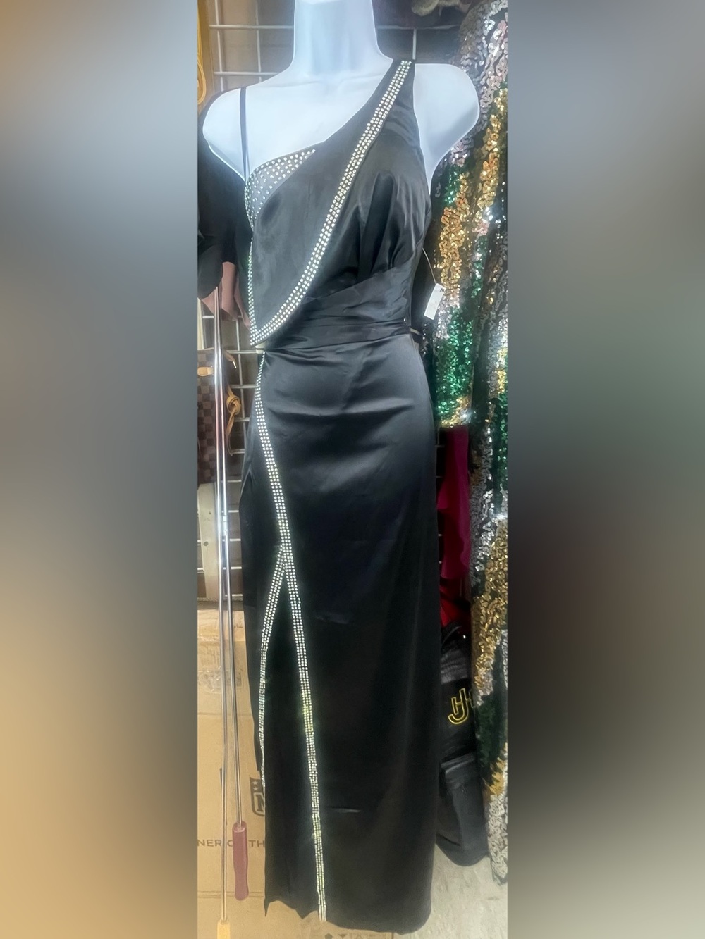 Black Satin Maxi dress with Crystal Trim